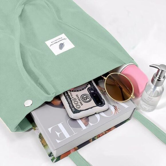 Women Pea Green Imported Corduroy Small Canvas Shoulder Handy Tote Bag - Picture 2 of 4